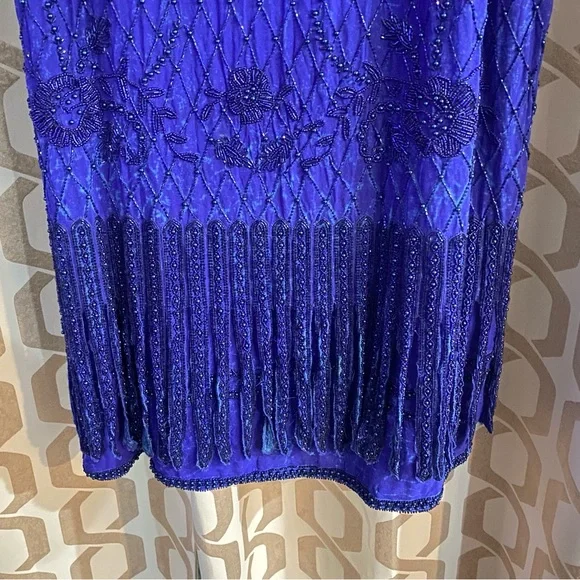 Vintage Laurence Kazer New York Y2K 100% Silk Elegant Blue Beaded Dress Size 3X - Picture 5 of 15